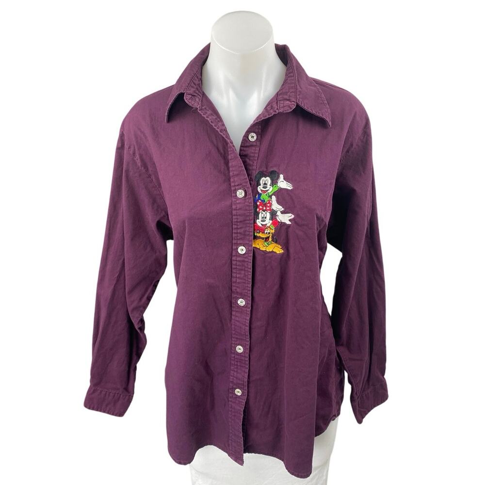 Mickey Unlimited Purple Embroidered Mickey Minnie Pluto Button Down Shirt Top M
